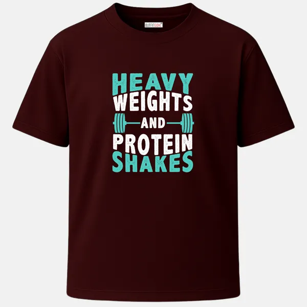 _Regular_Unisex_Maroon_Graphics_T-Shirt,_Text_based_heavy_weights_and_protein_shakes_with_dumbbell_icons_|_SPORTS_MODE