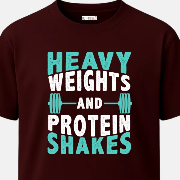 _Regular_Unisex_Maroon_Graphics_T-Shirt,_Text_based_heavy_weights_and_protein_shakes_with_dumbbell_icons_|_SPORTS_MODE
