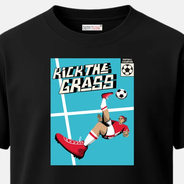 _Regular_Unisex_Black_Graphics_T-Shirt,_Female_footballer_overhead_kick_pose_with_kick_the_grass_|_SPORTS_MODE