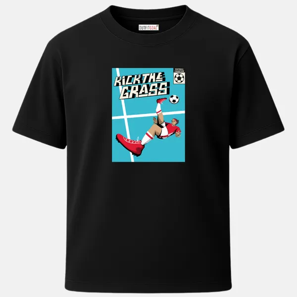 _Regular_Unisex_Black_Graphics_T-Shirt,_Female_footballer_overhead_kick_pose_with_kick_the_grass_|_SPORTS_MODE