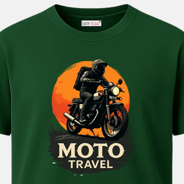 Outfitgoal_Regular_Unisex_Bottle_Green_Graphics_T-Shirt,_Rider_on_classic_motorcycle_against_orange_sunset;_MOTO_TRAVEL_text,_adventure_road-trip_vibe._|_TRAVEL_MODE