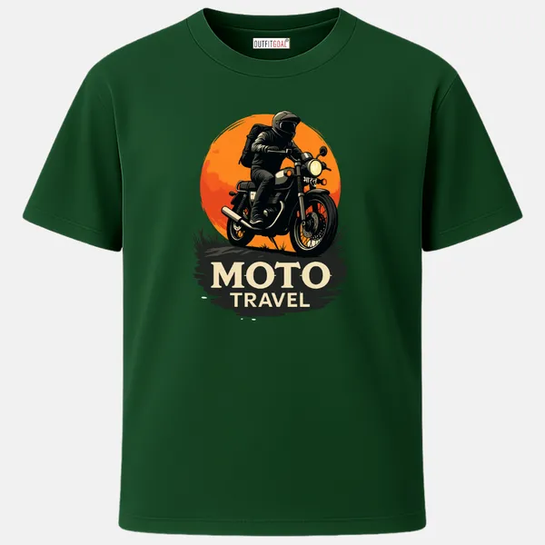 Outfitgoal_Regular_Unisex_Bottle_Green_Graphics_T-Shirt,_Rider_on_classic_motorcycle_against_orange_sunset;_MOTO_TRAVEL_text,_adventure_road-trip_vibe._|_TRAVEL_MODE