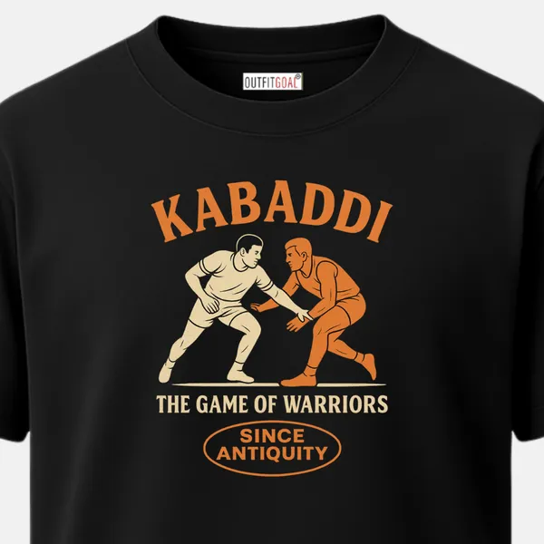 _Regular_Unisex_Black_Graphics_T-Shirt,_Two_opposing_kabaddi_players_in_white_and_orange_text_the_game_of_warriors_since_antiquity_|_SPORTS_MODE