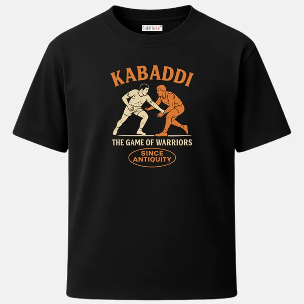 _Regular_Unisex_Black_Graphics_T-Shirt,_Two_opposing_kabaddi_players_in_white_and_orange_text_the_game_of_warriors_since_antiquity_|_SPORTS_MODE