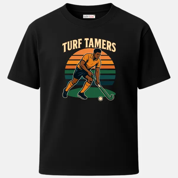 _Regular_Unisex_Black_Graphics_T-Shirt,_Player_in_action_over_sunset_stripes_turf_tamers_|_SPORTS_MODE