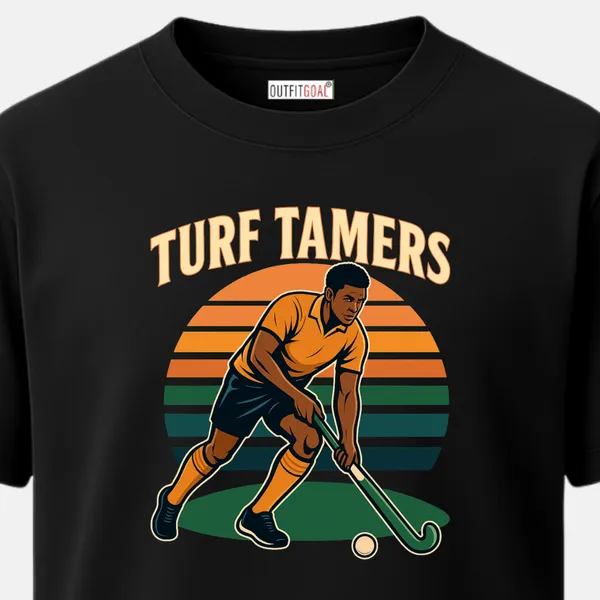 _Regular_Unisex_Black_Graphics_T-Shirt,_Player_in_action_over_sunset_stripes_turf_tamers_|_SPORTS_MODE