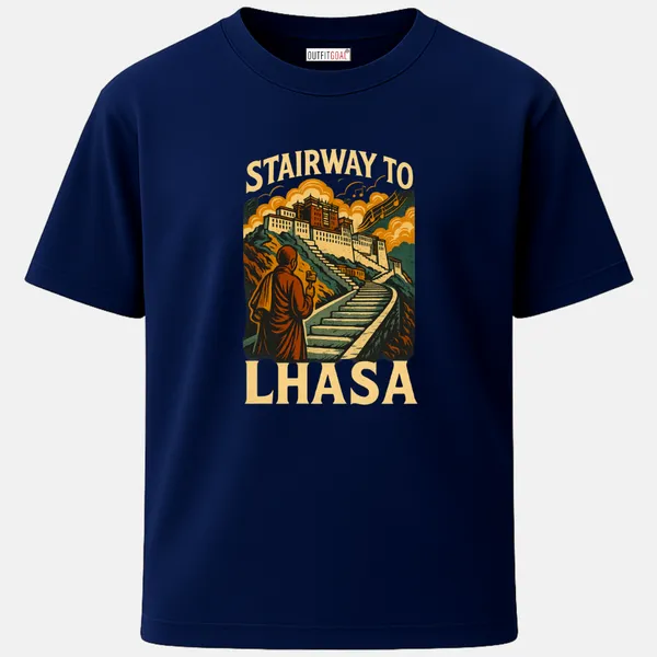 _Regular_Unisex_Navy_Graphics_T-Shirt,_Monk_walking_up_steps_to_potala_palace_stairway_to_lhasa_type_art_|_TRAVEL_MODE