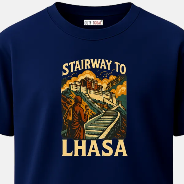 _Regular_Unisex_Navy_Graphics_T-Shirt,_Monk_walking_up_steps_to_potala_palace_stairway_to_lhasa_type_art_|_TRAVEL_MODE