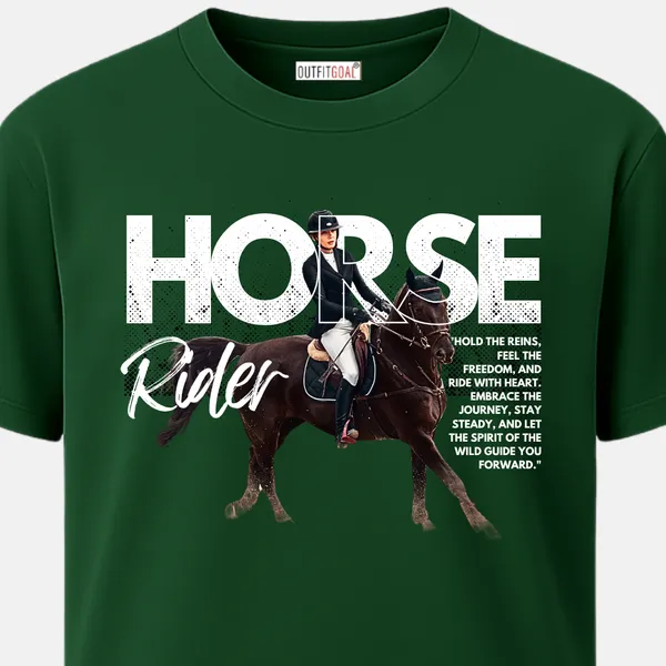 Outfitgoal_Regular_Unisex_Bottle_Green_Graphics_T-Shirt,_Horse_rider_photo_cut_into_bold_HORSE_text_with_handwritten_Rider_script_and_motivational_quote_|_GRAPHICS_MODE