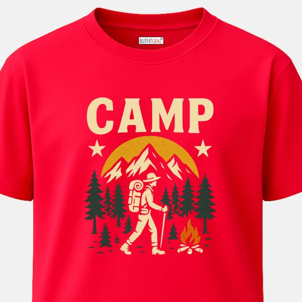 _Regular_Unisex_Red_Graphics_T-Shirt,_Hiker_with_backpack_campfire_pine_trees_yellow_moon_bold_camp_text_|_TRAVEL_MODE