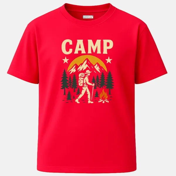 _Regular_Unisex_Red_Graphics_T-Shirt,_Hiker_with_backpack_campfire_pine_trees_yellow_moon_bold_camp_text_|_TRAVEL_MODE