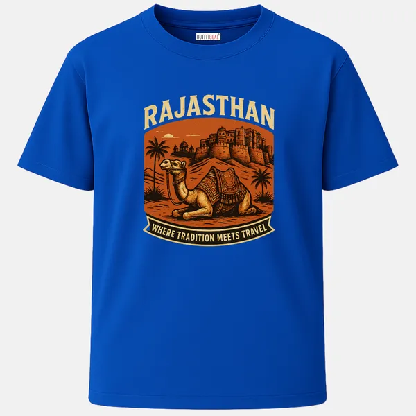 _Regular_Unisex_Royal_Blue_Graphics_T-Shirt,_Camel_resting_before_a_desert_fort_where_tradition_meets_travel_|_TRAVEL_MODE