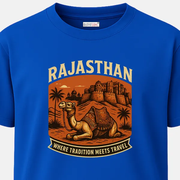 _Regular_Unisex_Royal_Blue_Graphics_T-Shirt,_Camel_resting_before_a_desert_fort_where_tradition_meets_travel_|_TRAVEL_MODE