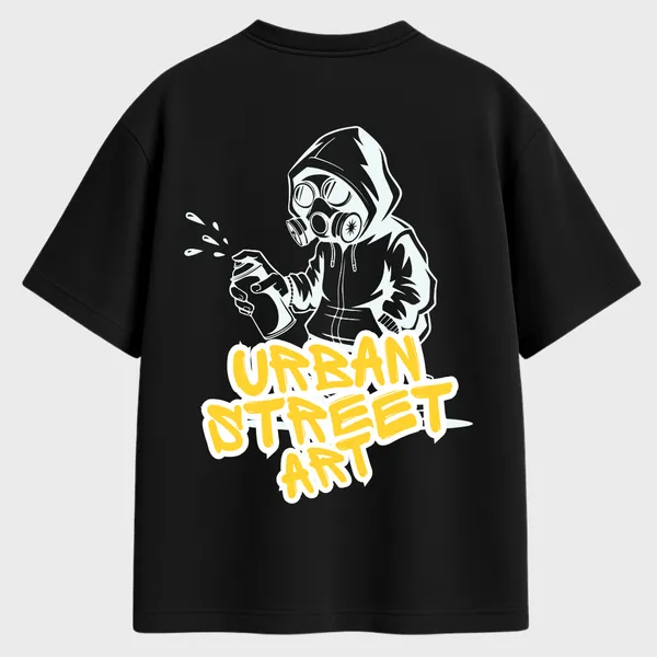 Outfitgoal_Oversize_Unisex_Black_Graphics_T-Shirt,_Hoodie_figure_in_gas_mask_holding_spray_can_above_bold_URBAN_STREET_ART_lettering_|_GRAPHICS_MODE