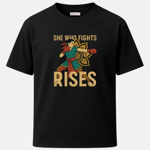 _Regular_Unisex_Black_Graphics_T-Shirt,_Woman_boxer_in_indian_attire_bold_text_she_who_fights_rises_|_SPORTS_MODE