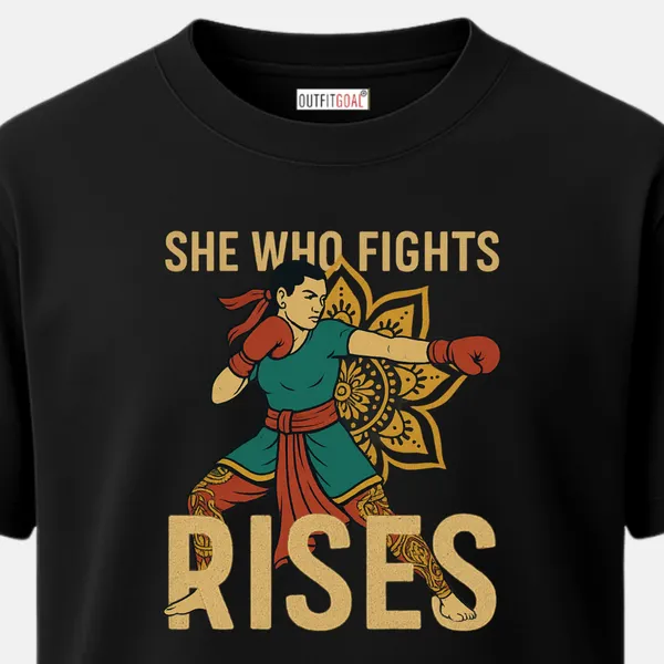 _Regular_Unisex_Black_Graphics_T-Shirt,_Woman_boxer_in_indian_attire_bold_text_she_who_fights_rises_|_SPORTS_MODE