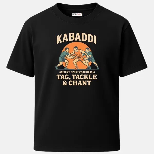 _Regular_Unisex_Black_Graphics_T-Shirt,_Trio_of_kabaddi_players_in_action_over_orange_circle_text_tag_tackle_chant_|_SPORTS_MODE