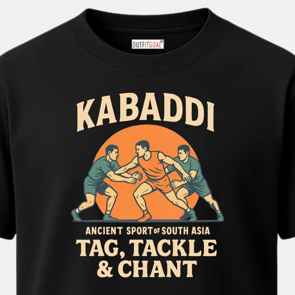 _Regular_Unisex_Black_Graphics_T-Shirt,_Trio_of_kabaddi_players_in_action_over_orange_circle_text_tag_tackle_chant_|_SPORTS_MODE
