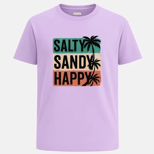 _Regular_Unisex_Lavender_Graphics_T-Shirt,_Block_text_salty_sandy_happy_with_palm_silhouettes_|_TRAVEL_MODE