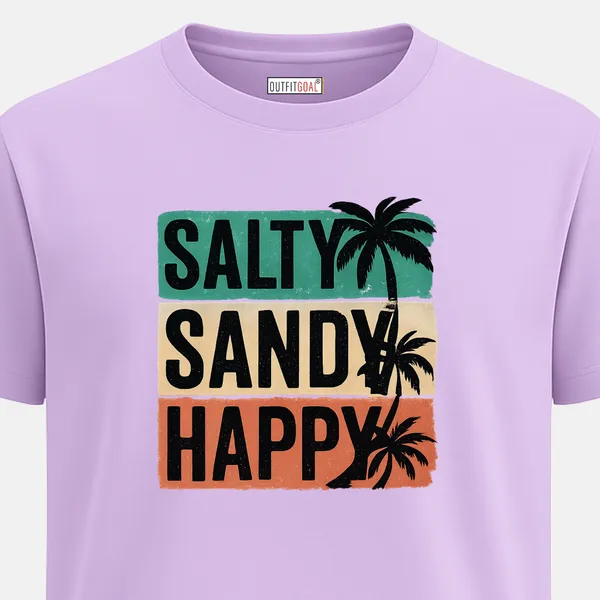 _Regular_Unisex_Lavender_Graphics_T-Shirt,_Block_text_salty_sandy_happy_with_palm_silhouettes_|_TRAVEL_MODE