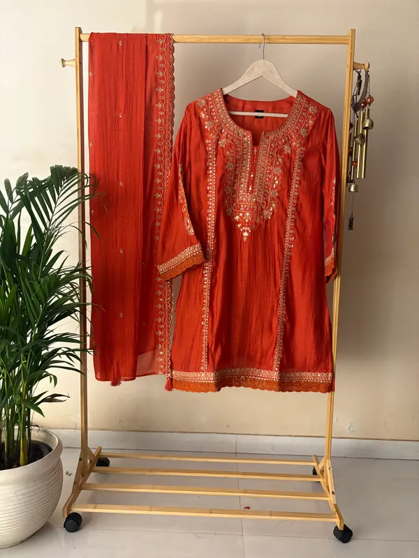 Rust_Mul_Chanderi_Short_Kurta_Palazzo_with_Dupatta_Set_Hand_Embroidered_For_Women