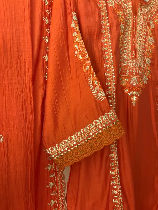 Rust_Mul_Chanderi_Short_Kurta_Palazzo_with_Dupatta_Set_Hand_Embroidered_For_Women
