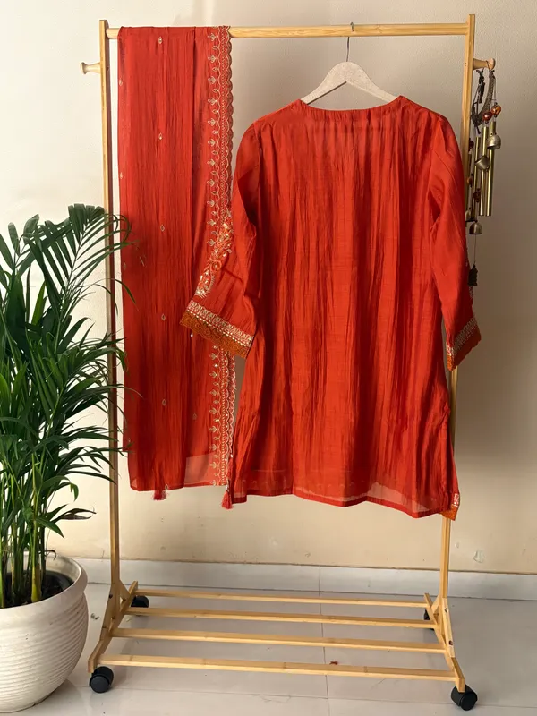 Rust_Mul_Chanderi_Short_Kurta_Palazzo_with_Dupatta_Set_Hand_Embroidered_For_Women