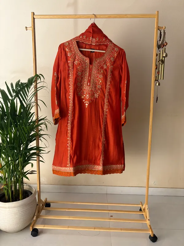 Rust_Mul_Chanderi_Short_Kurta_Palazzo_with_Dupatta_Set_Hand_Embroidered_For_Women