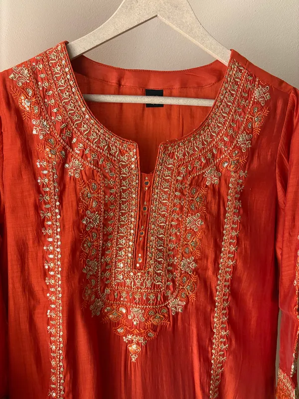 Rust_Mul_Chanderi_Short_Kurta_Palazzo_with_Dupatta_Set_Hand_Embroidered_For_Women