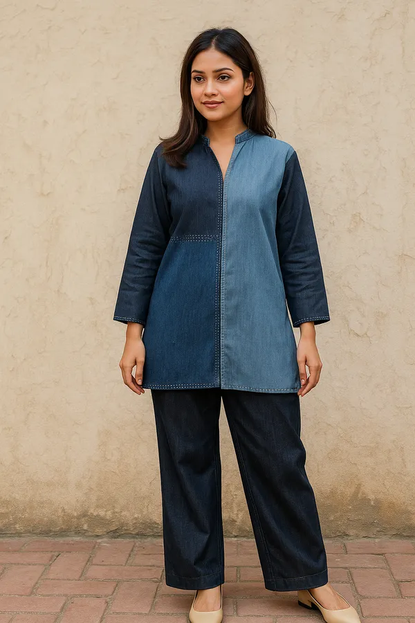 Modern_two-tone_denim_coord_set_with_a_sleek_long_shirt_and_tailored_pants_for_effortless_everyday_style.