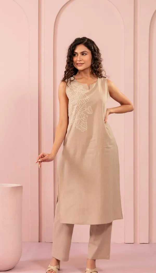 Rich_and_elegant_Beige_kurta_pant_with_embroidery_in_soft_cotton_flex_fabric