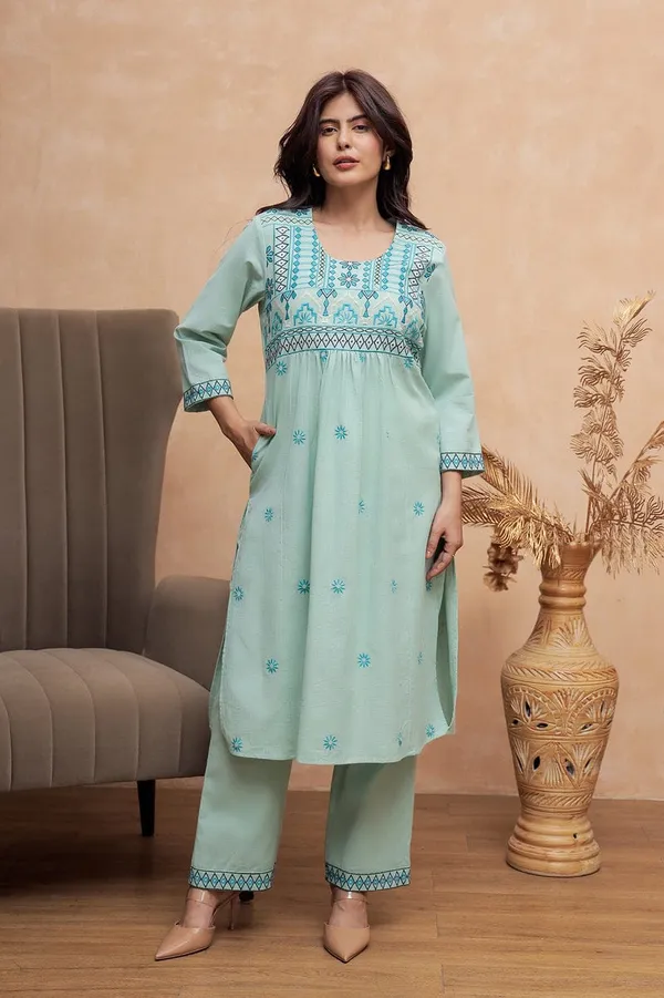 Sage_Blue_thread_work_cotton_Kurta_pant_set