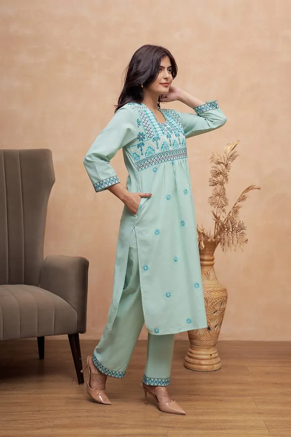 Sage_Blue_thread_work_cotton_Kurta_pant_set