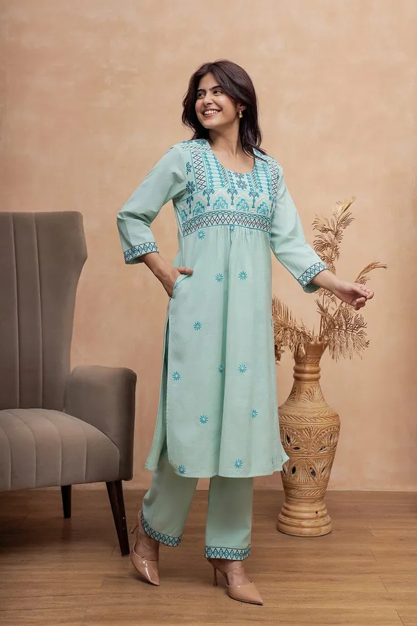 Sage_Blue_thread_work_cotton_Kurta_pant_set