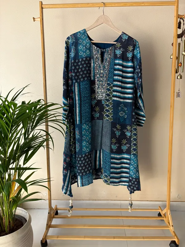 Blue_Viscose_Co-ord_Set_with_Farshi_Pants_&_Asymmetrical_Tunic_Embellished_in_Moti,_Mirror_&_Sequin_Work_For_Women