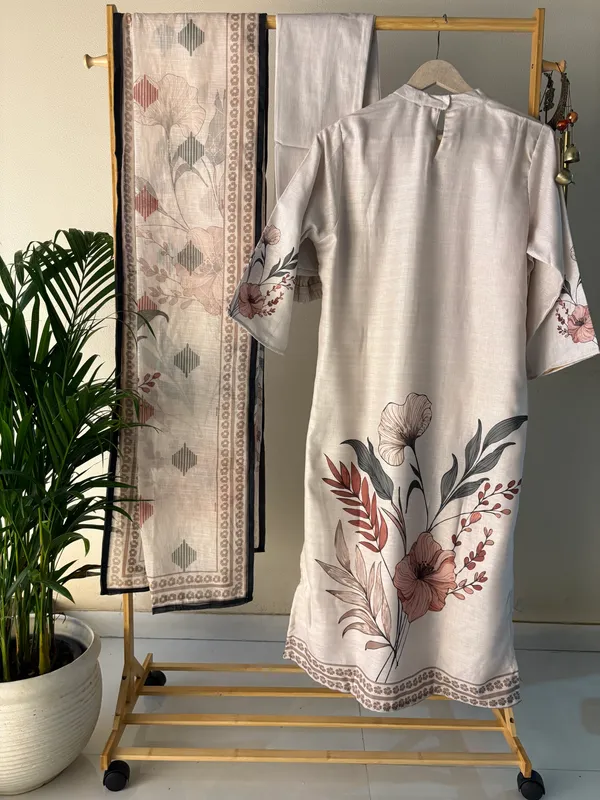 Ivory_Linen_Blend_3-Piece_Suit_with_Band_Gala_&_Hand-Painted_Floral_Dupatta_For_Women