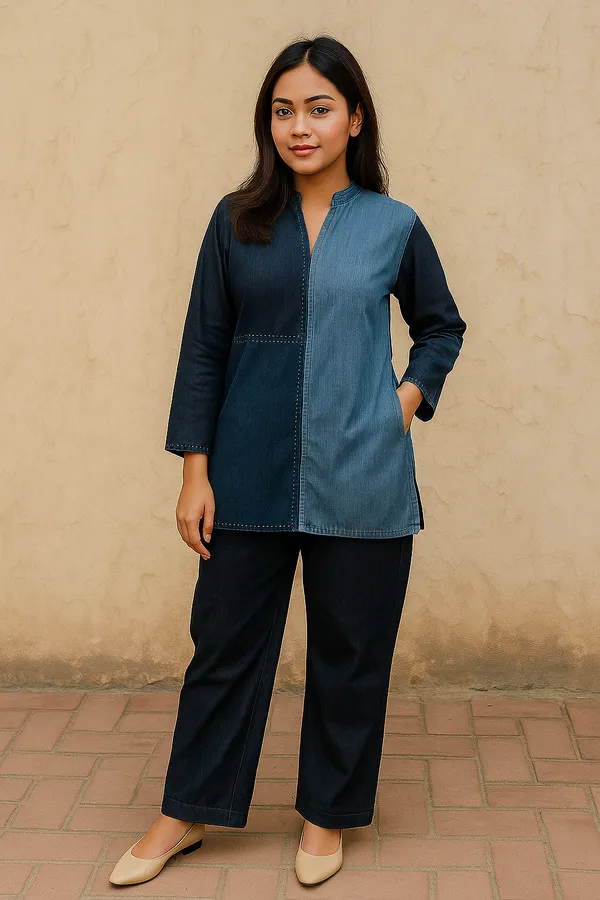 Modern_two-tone_denim_coord_set_with_a_sleek_long_shirt_and_tailored_pants_for_effortless_everyday_style.