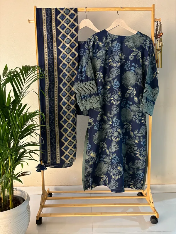 Dark_Blue_Cotton_Straight_Fit_3_piece_Suit_with_Contrast_Lace_&_Floral_Print_Dupatta_For_Women