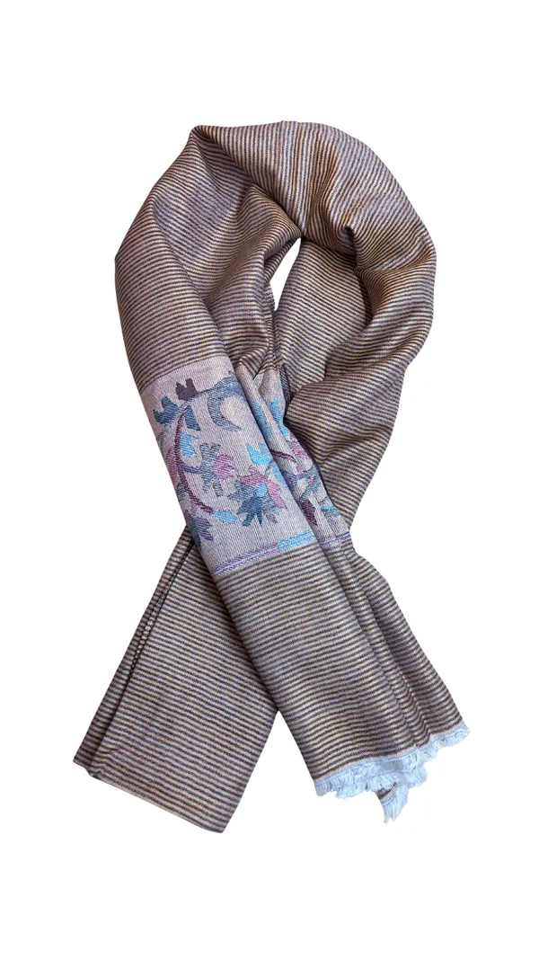 Light_Brown_Check_Pattern_Kashmiri_Stole_Kani_Paaldaar_Self_Woven_Kani_Tussar_Silk_Stole_Default_Title