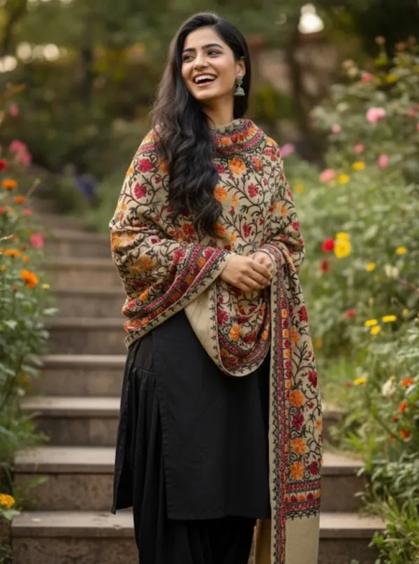 Brown_Multi_Embroidered_Kashmiri_Stole_Aari_Embroidered_Default_Title