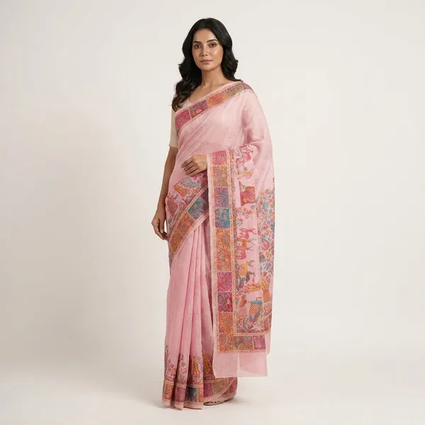 Craftique_Kashmir_Designer_Saree_And_Blouse_Set_Premium_Cotton_Self_Woven_Kalamkaari_Pink_Coloured_Default_Title