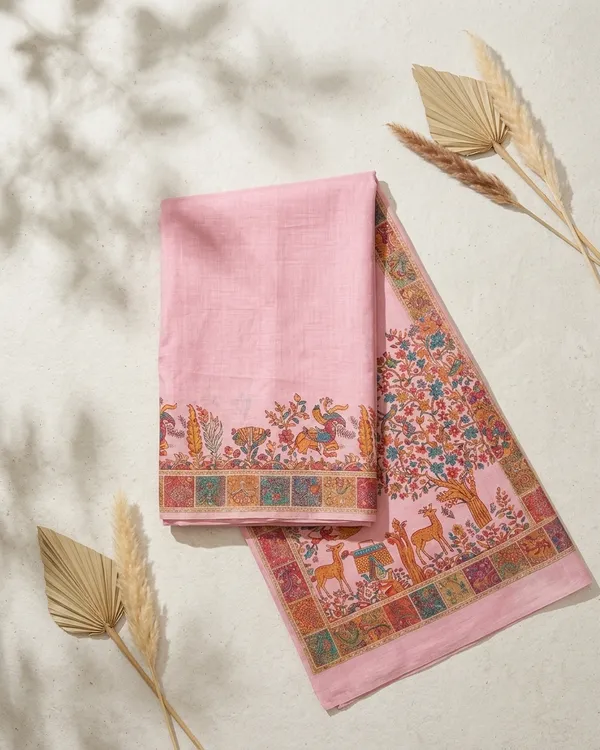 Craftique_Kashmir_Designer_Saree_And_Blouse_Set_Premium_Cotton_Self_Woven_Kalamkaari_Pink_Coloured_Default_Title