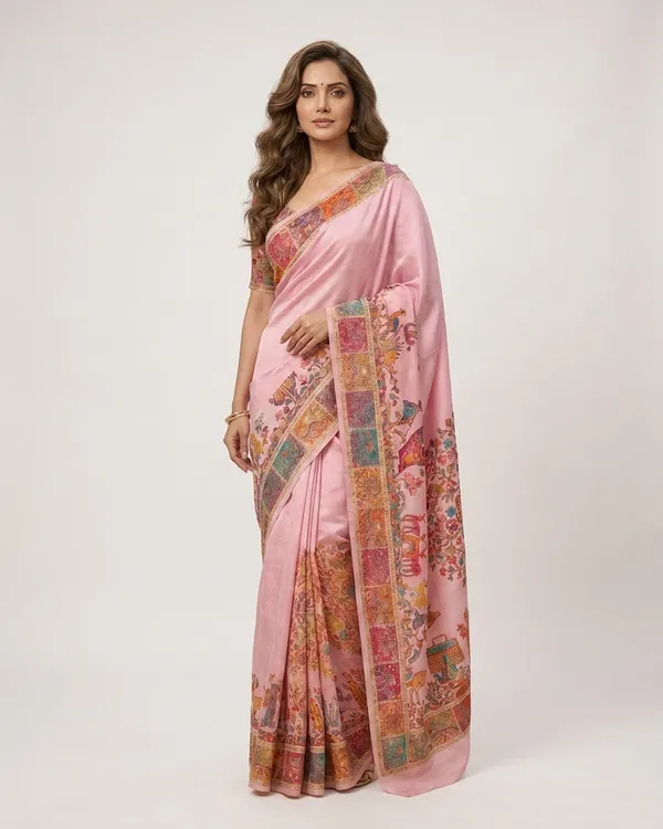 Craftique_Kashmir_Designer_Saree_And_Blouse_Set_Premium_Cotton_Self_Woven_Kalamkaari_Pink_Coloured_Default_Title