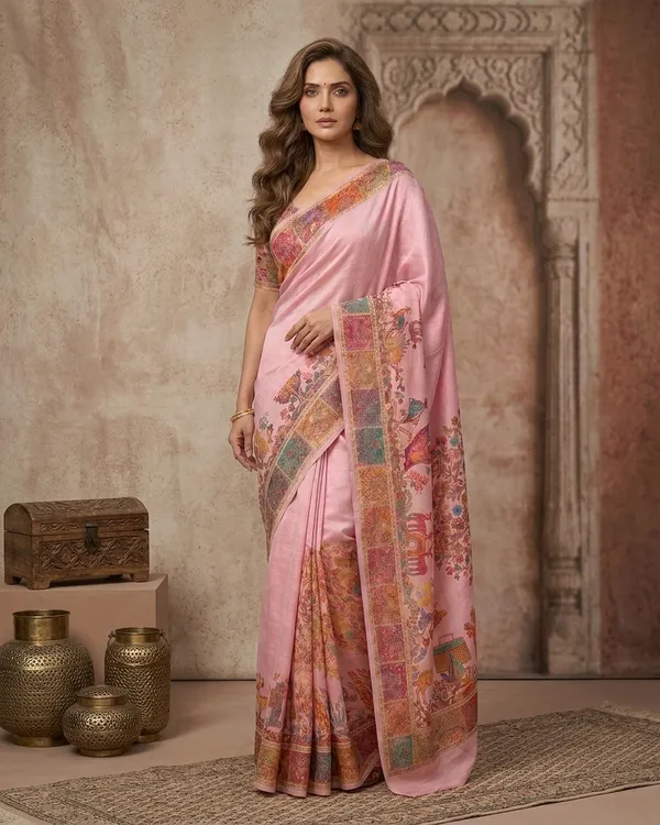 Craftique_Kashmir_Designer_Saree_And_Blouse_Set_Premium_Cotton_Self_Woven_Kalamkaari_Pink_Coloured_Default_Title