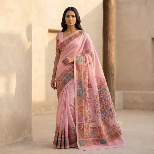 Craftique_Kashmir_Designer_Saree_And_Blouse_Set_Premium_Cotton_Self_Woven_Kalamkaari_Pink_Coloured_Default_Title