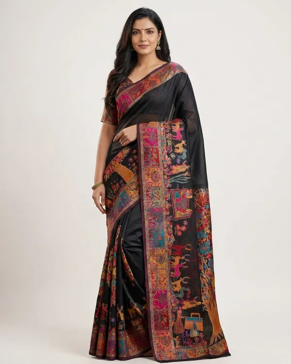 Craftique_Kashmir_Designer_Saree_And_Blouse_Set_Premium_Cotton_Self_Woven_Kalamkaari_Black_Coloured_Default_Title