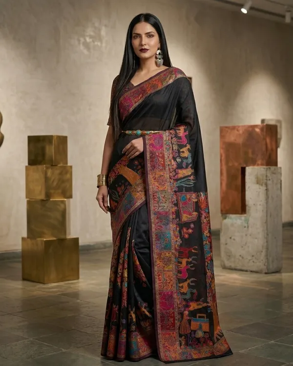 Craftique_Kashmir_Designer_Saree_And_Blouse_Set_Premium_Cotton_Self_Woven_Kalamkaari_Black_Coloured_Default_Title