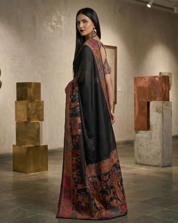 Craftique_Kashmir_Designer_Saree_And_Blouse_Set_Premium_Cotton_Self_Woven_Kalamkaari_Black_Coloured_Default_Title