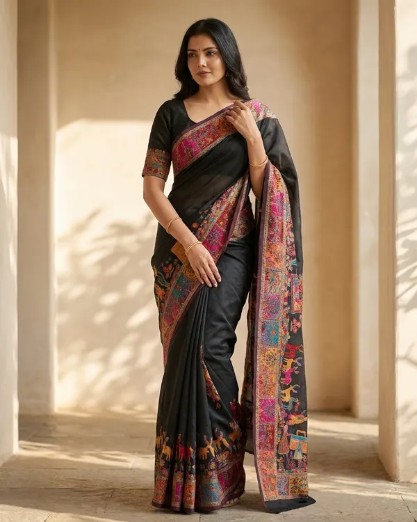 Craftique_Kashmir_Designer_Saree_And_Blouse_Set_Premium_Cotton_Self_Woven_Kalamkaari_Black_Coloured_Default_Title