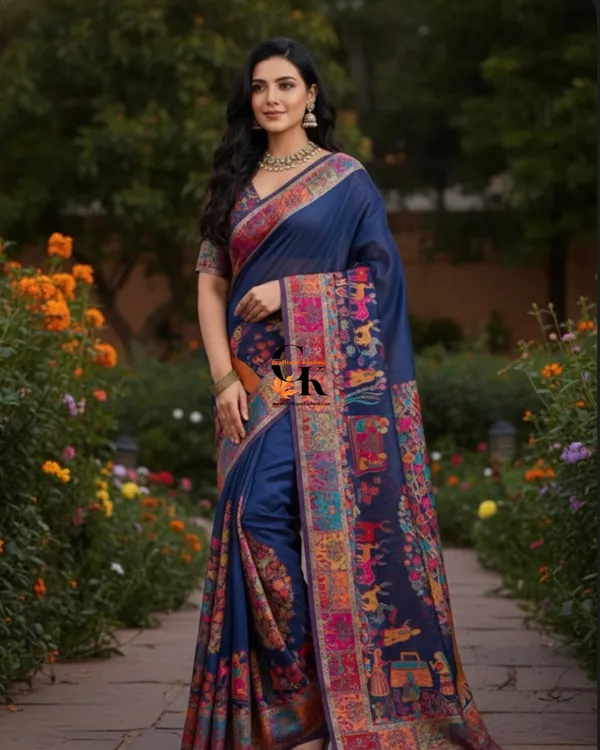 Craftique_Kashmir_Designer_Saree_And_Blouse_Set_Premium_Cotton_Self_Woven_Kalamkaari_Royal_Blue_Coloured_Default_Title